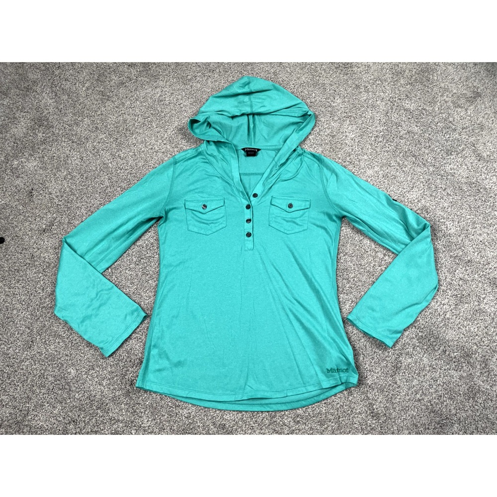 Marmot Shirt Womens Small Green Henley Hooded Pullover Stretch Casual Outdoor